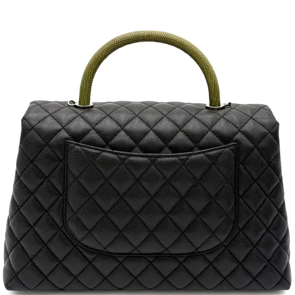 Black Coco Handle Medium Caviar Leather and Lizard Handle Bag
